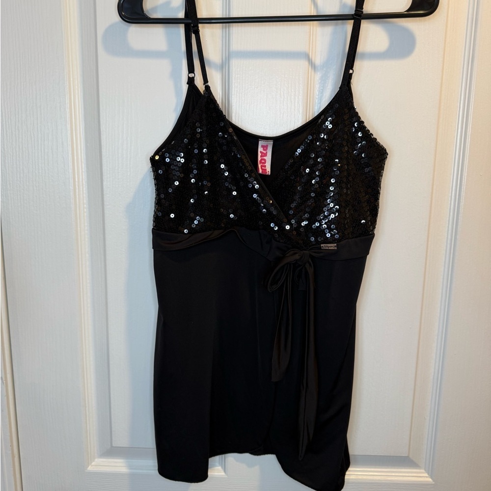 Black Sequin V Neck Top With Bow Tie Waist and Open Slit Size S